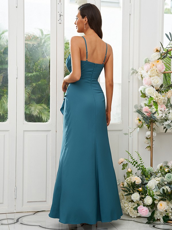 A-Line/Princess Silk like Satin Ruffles V-neck Sleeveless Floor-Length Bridesmaid Dresses 2492