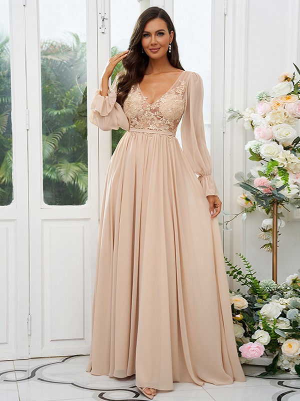 A-Line/Princess Chiffon Lace V-neck Long Sleeves Sweep/Brush Train Bridesmaid Dresses 2150