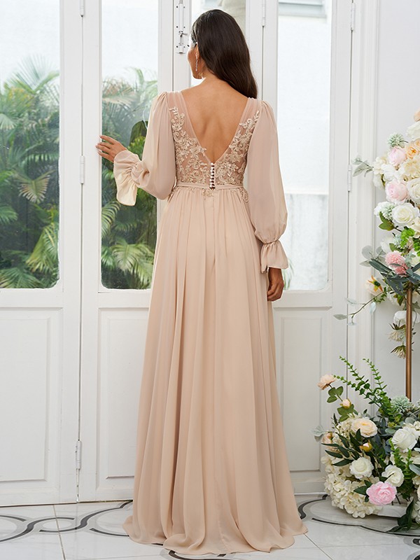 A-Line/Princess Chiffon Lace V-neck Long Sleeves Sweep/Brush Train Bridesmaid Dresses 2150