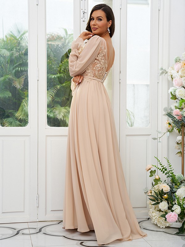 A-Line/Princess Chiffon Lace V-neck Long Sleeves Sweep/Brush Train Bridesmaid Dresses 2150