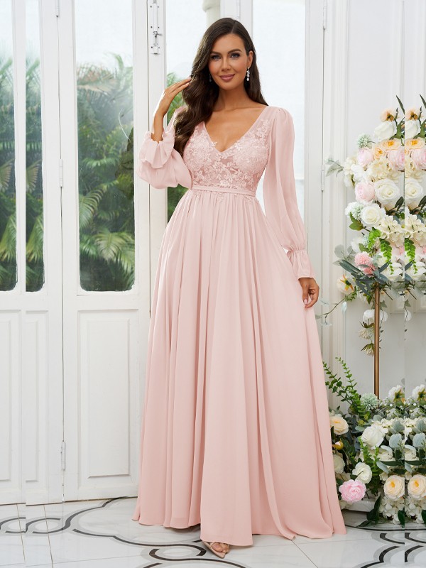 A-Line/Princess Chiffon Lace V-neck Long Sleeves Sweep/Brush Train Bridesmaid Dresses 2150