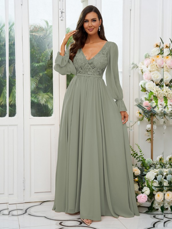 A-Line/Princess Chiffon Lace V-neck Long Sleeves Sweep/Brush Train Bridesmaid Dresses 2150