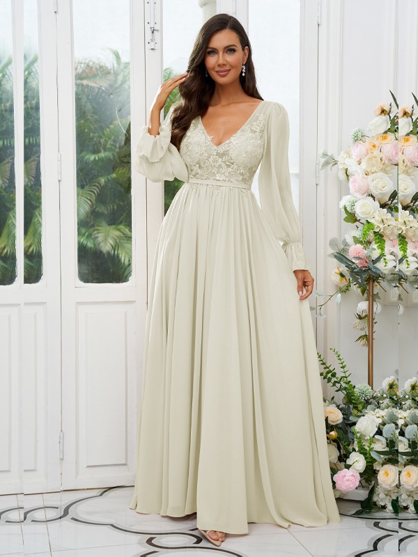 A-Line/Princess Chiffon Lace V-neck Long Sleeves Sweep/Brush Train Bridesmaid Dresses 2150