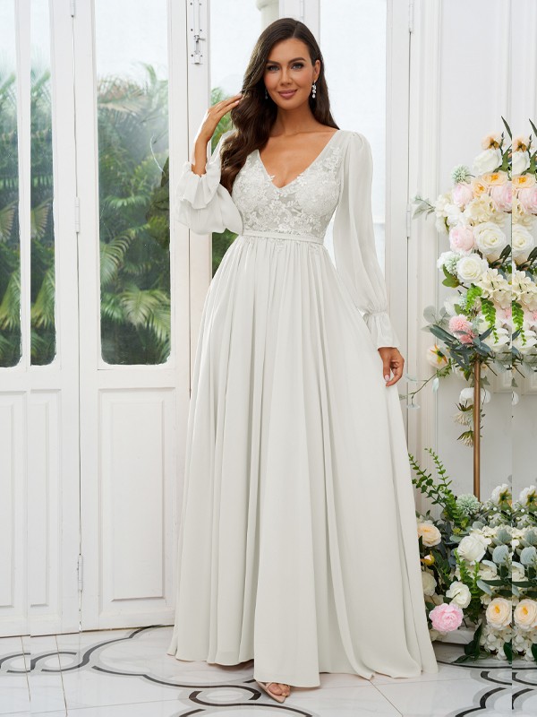 A-Line/Princess Chiffon Lace V-neck Long Sleeves Sweep/Brush Train Bridesmaid Dresses 2150