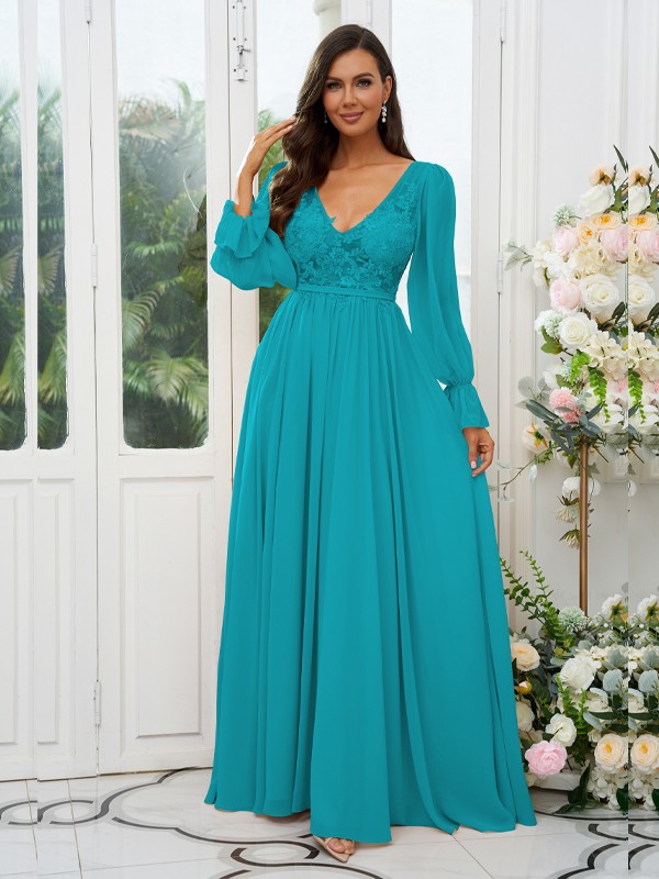 A-Line/Princess Chiffon Lace V-neck Long Sleeves Sweep/Brush Train Bridesmaid Dresses 2150