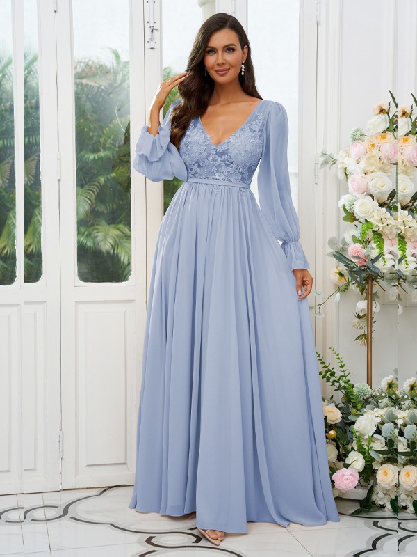 A-Line/Princess Chiffon Lace V-neck Long Sleeves Sweep/Brush Train Bridesmaid Dresses 2150