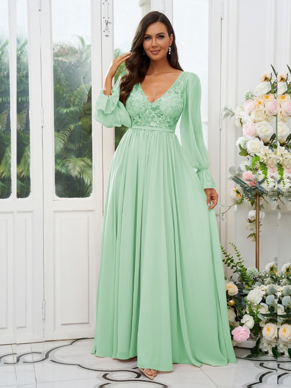 A-Line/Princess Chiffon Lace V-neck Long Sleeves Sweep/Brush Train Bridesmaid Dresses 2150