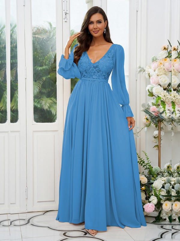 A-Line/Princess Chiffon Lace V-neck Long Sleeves Sweep/Brush Train Bridesmaid Dresses 2150