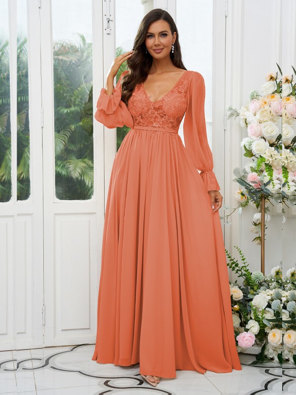 A-Line/Princess Chiffon Lace V-neck Long Sleeves Sweep/Brush Train Bridesmaid Dresses 2150