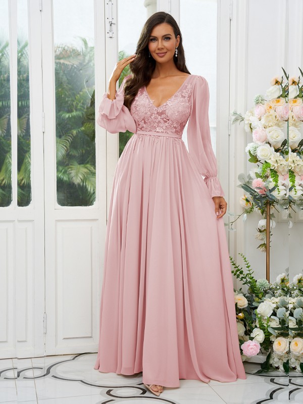 A-Line/Princess Chiffon Lace V-neck Long Sleeves Sweep/Brush Train Bridesmaid Dresses 2150