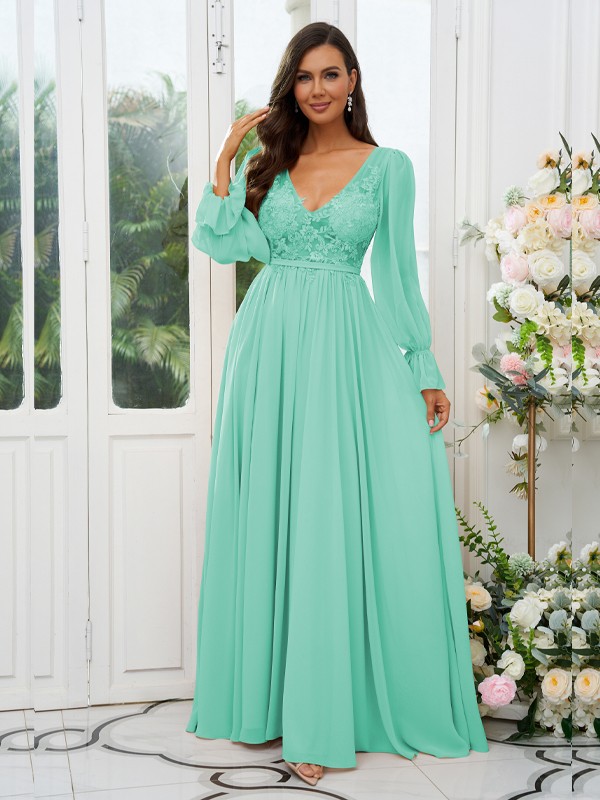 A-Line/Princess Chiffon Lace V-neck Long Sleeves Sweep/Brush Train Bridesmaid Dresses 2150