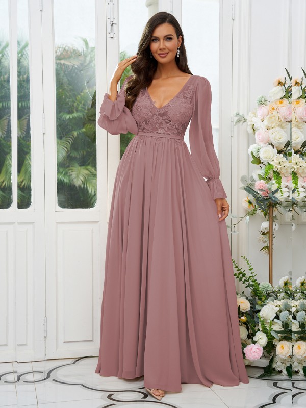 A-Line/Princess Chiffon Lace V-neck Long Sleeves Sweep/Brush Train Bridesmaid Dresses 2150