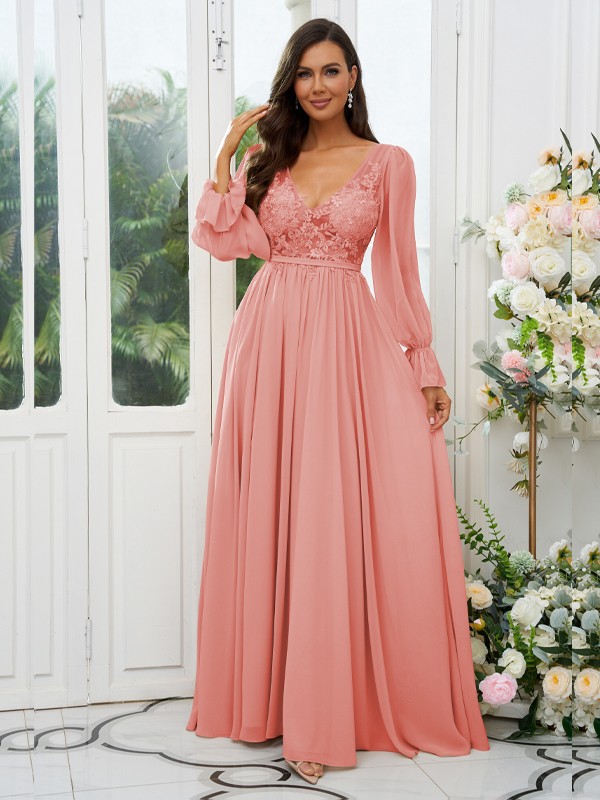 A-Line/Princess Chiffon Lace V-neck Long Sleeves Sweep/Brush Train Bridesmaid Dresses 2150