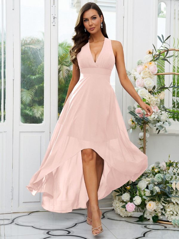 A-Line/Princess Chiffon Ruffles V-neck Sleeveless Asymmetrical Bridesmaid Dresses 2230