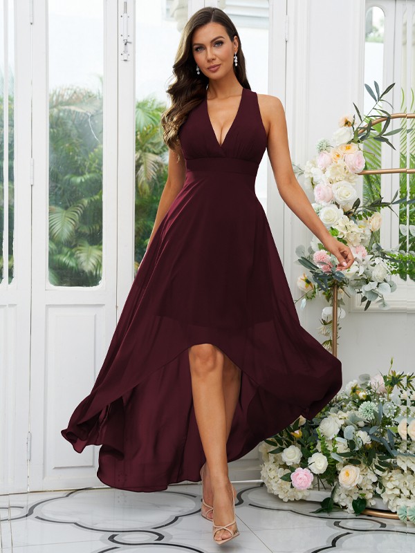 A-Line/Princess Chiffon Ruffles V-neck Sleeveless Asymmetrical Bridesmaid Dresses 2230