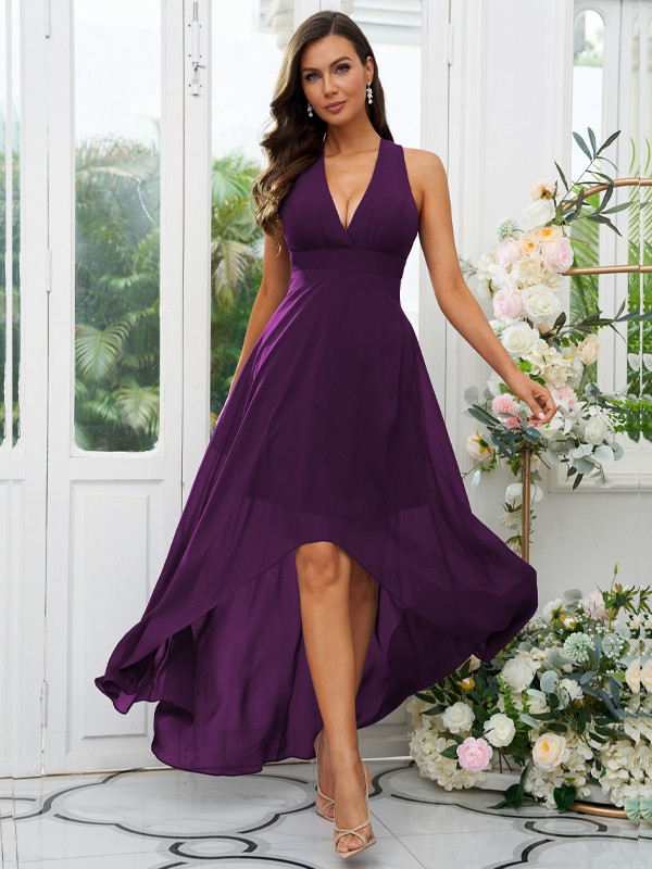 A-Line/Princess Chiffon Ruffles V-neck Sleeveless Asymmetrical Bridesmaid Dresses 2230