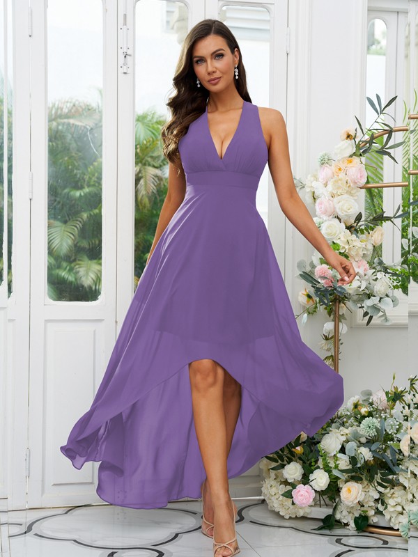 A-Line/Princess Chiffon Ruffles V-neck Sleeveless Asymmetrical Bridesmaid Dresses 2230