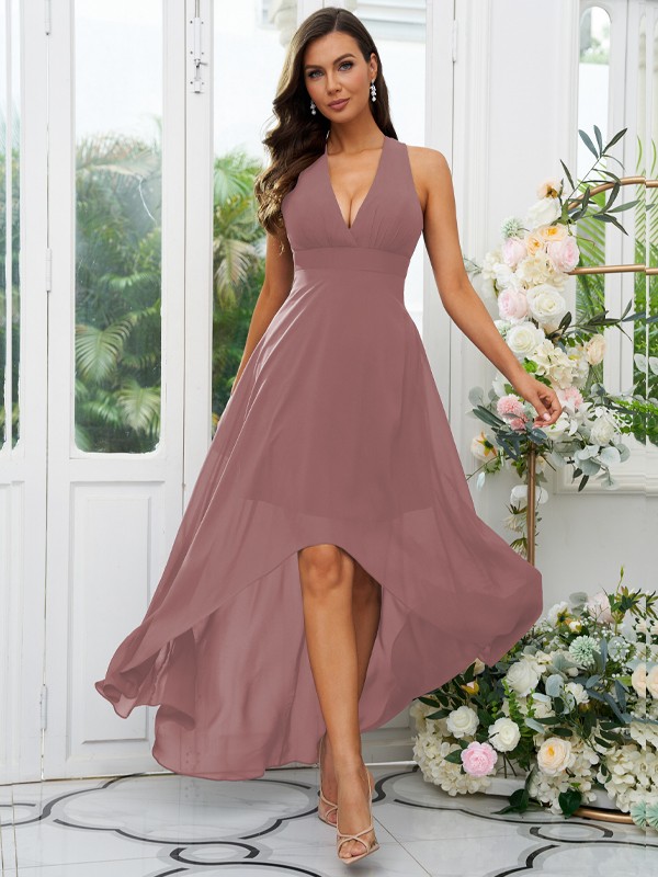 A-Line/Princess Chiffon Ruffles V-neck Sleeveless Asymmetrical Bridesmaid Dresses 2230