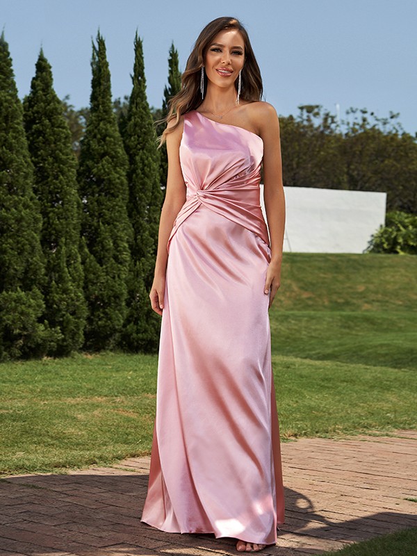 Sheath/Column Elastic Woven Satin Ruched One-Shoulder Sleeveless Floor-Length Bridesmaid Dresses 2923