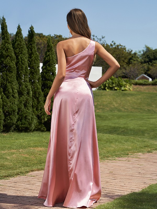 Sheath/Column Elastic Woven Satin Ruched One-Shoulder Sleeveless Floor-Length Bridesmaid Dresses 2923