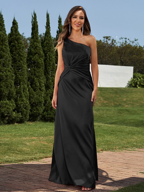 Sheath/Column Elastic Woven Satin Ruched One-Shoulder Sleeveless Floor-Length Bridesmaid Dresses 2923