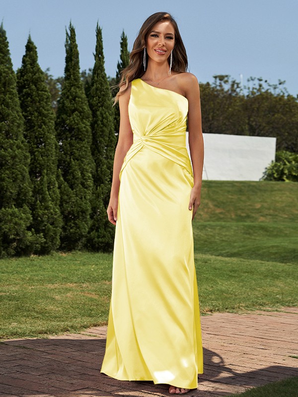 Sheath/Column Elastic Woven Satin Ruched One-Shoulder Sleeveless Floor-Length Bridesmaid Dresses 2923