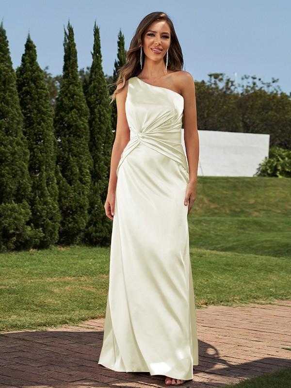 Sheath/Column Elastic Woven Satin Ruched One-Shoulder Sleeveless Floor-Length Bridesmaid Dresses 2923