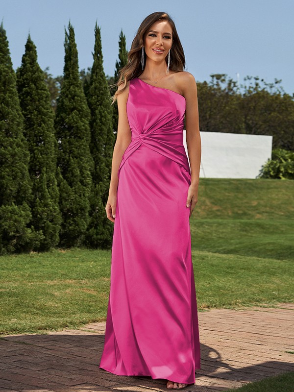 Sheath/Column Elastic Woven Satin Ruched One-Shoulder Sleeveless Floor-Length Bridesmaid Dresses 2923