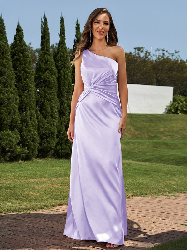 Sheath/Column Elastic Woven Satin Ruched One-Shoulder Sleeveless Floor-Length Bridesmaid Dresses 2923