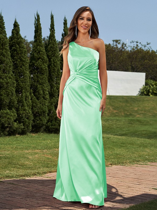 Sheath/Column Elastic Woven Satin Ruched One-Shoulder Sleeveless Floor-Length Bridesmaid Dresses 2923