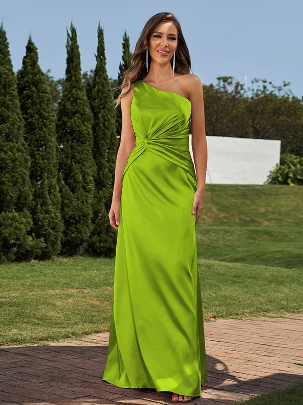 Sheath/Column Elastic Woven Satin Ruched One-Shoulder Sleeveless Floor-Length Bridesmaid Dresses 2923