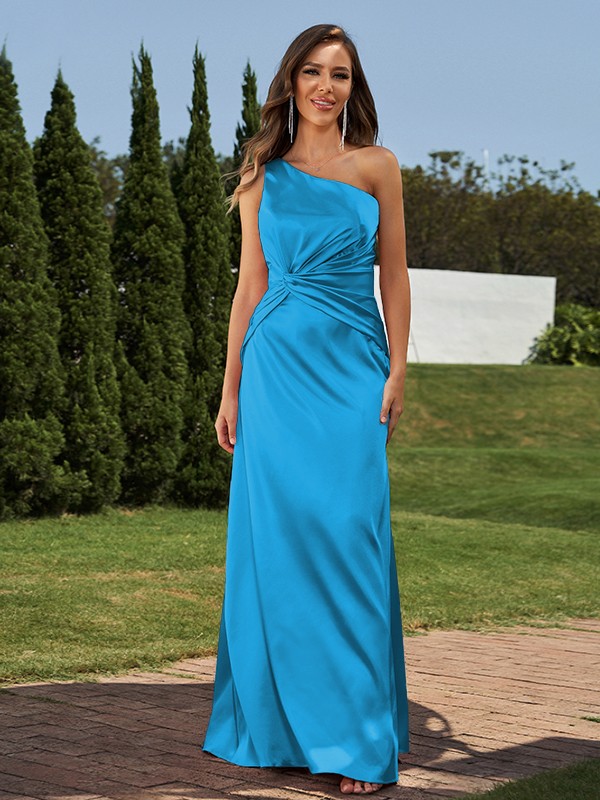 Sheath/Column Elastic Woven Satin Ruched One-Shoulder Sleeveless Floor-Length Bridesmaid Dresses 2923