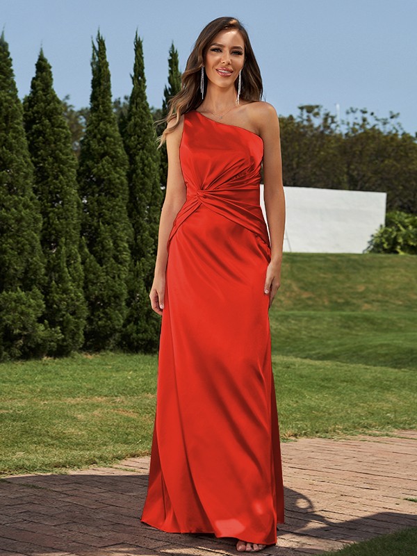 Sheath/Column Elastic Woven Satin Ruched One-Shoulder Sleeveless Floor-Length Bridesmaid Dresses 2923