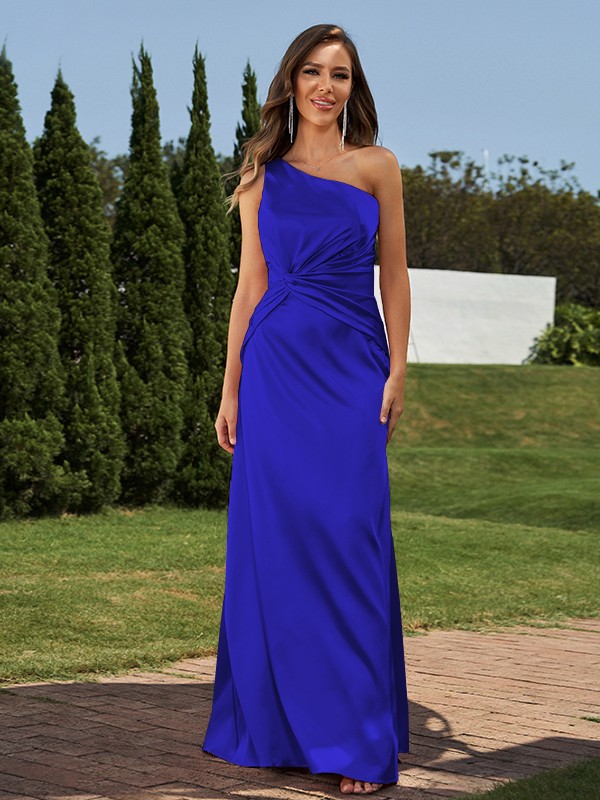 Sheath/Column Elastic Woven Satin Ruched One-Shoulder Sleeveless Floor-Length Bridesmaid Dresses 2923