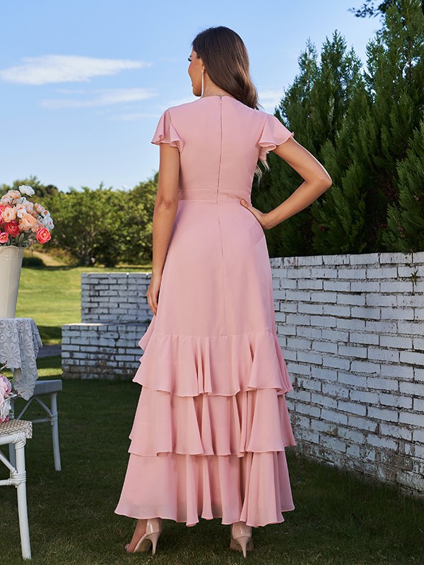 A-Line/Princess Chiffon Ruched V-Neck Short Sleeves Ankle-Length Bridesmaid Dresses 2170