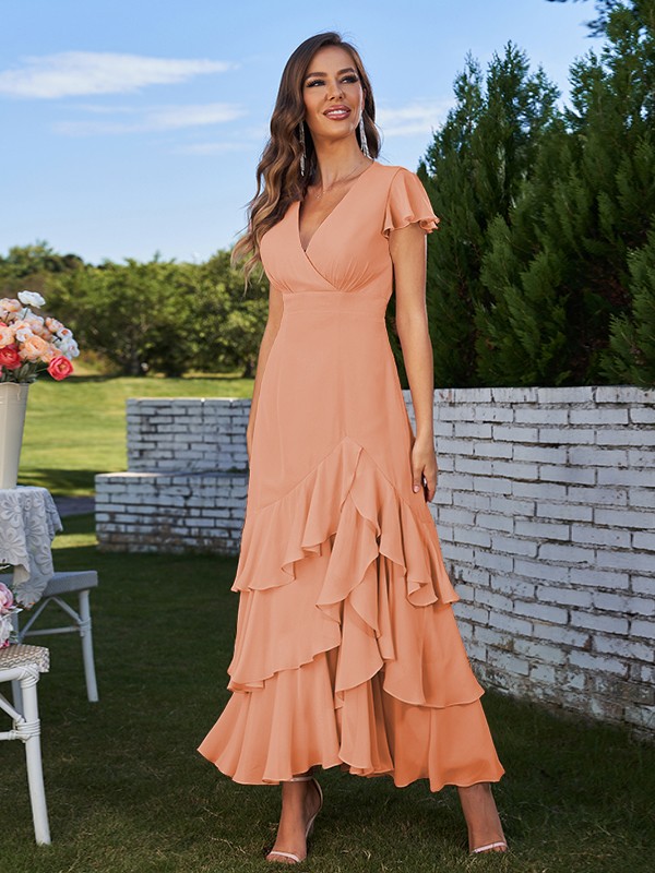 A-Line/Princess Chiffon Ruched V-Neck Short Sleeves Ankle-Length Bridesmaid Dresses 2170