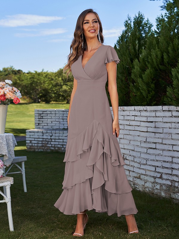 A-Line/Princess Chiffon Ruched V-Neck Short Sleeves Ankle-Length Bridesmaid Dresses 2170