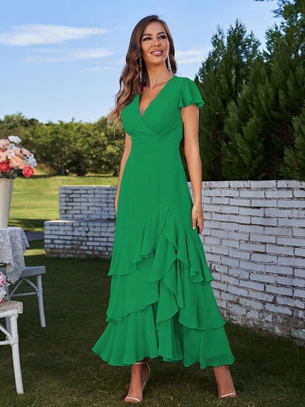 A-Line/Princess Chiffon Ruched V-Neck Short Sleeves Ankle-Length Bridesmaid Dresses 2170