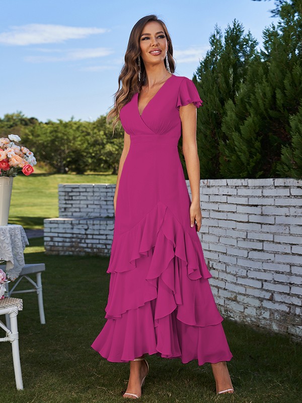 A-Line/Princess Chiffon Ruched V-Neck Short Sleeves Ankle-Length Bridesmaid Dresses 2170