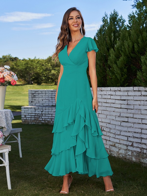 A-Line/Princess Chiffon Ruched V-Neck Short Sleeves Ankle-Length Bridesmaid Dresses 2170