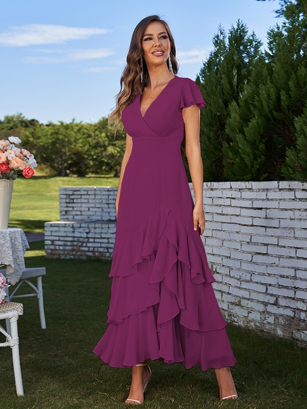 A-Line/Princess Chiffon Ruched V-Neck Short Sleeves Ankle-Length Bridesmaid Dresses 2170