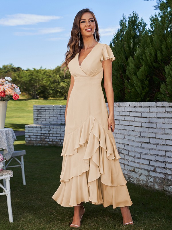 A-Line/Princess Chiffon Ruched V-Neck Short Sleeves Ankle-Length Bridesmaid Dresses 2170