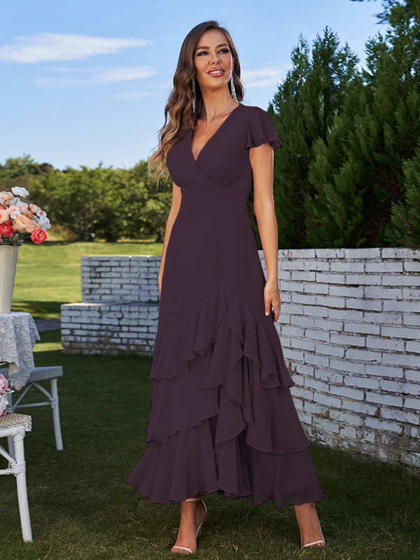 A-Line/Princess Chiffon Ruched V-Neck Short Sleeves Ankle-Length Bridesmaid Dresses 2170