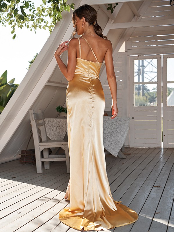 Sheath/Column Silk like Satin Ruched One-Shoulder Sleeveless Sweep/Brush Train Bridesmaid Dresses 3065