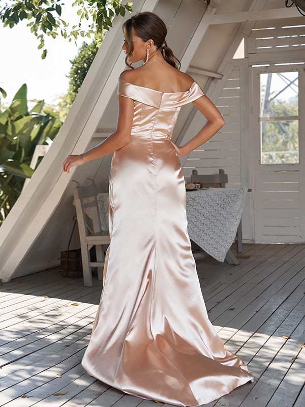 Sheath/Column Elastic Woven Satin Ruched Off-The-Shoulder Sleeveless Sweep/Brush Train Bridesmaid Dresses 2918