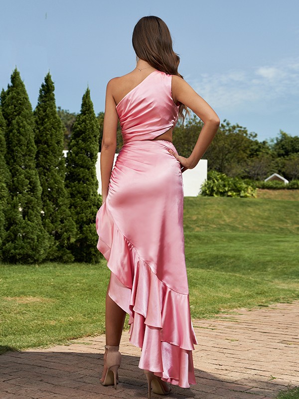 Sheath/Column Silk like Satin Ruffles One-Shoulder Sleeveless Floor-Length Bridesmaid Dresses 3093