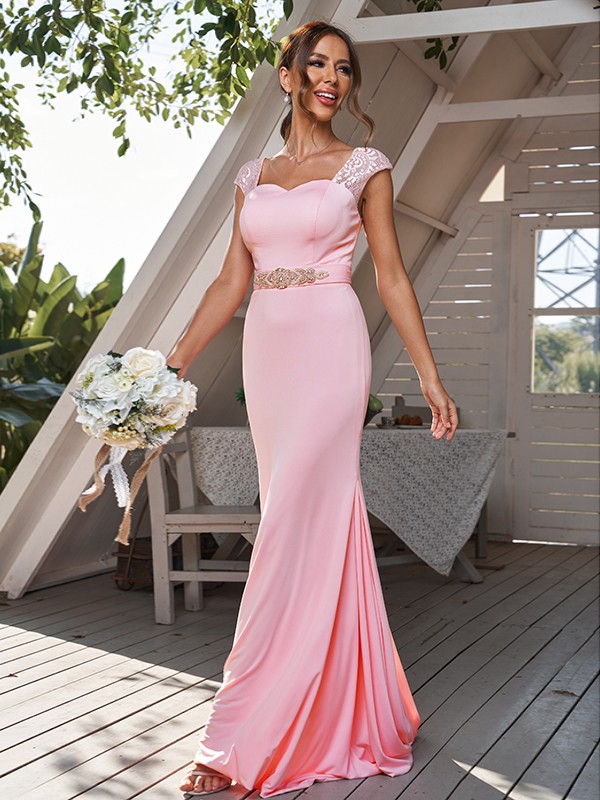 Sheath/Column Jersey Rhinestone Square Sleeveless Sweep/Brush Train Bridesmaid Dresses 2957