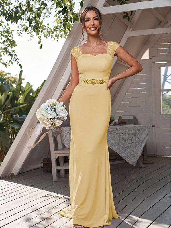 Sheath/Column Jersey Rhinestone Square Sleeveless Sweep/Brush Train Bridesmaid Dresses 2957