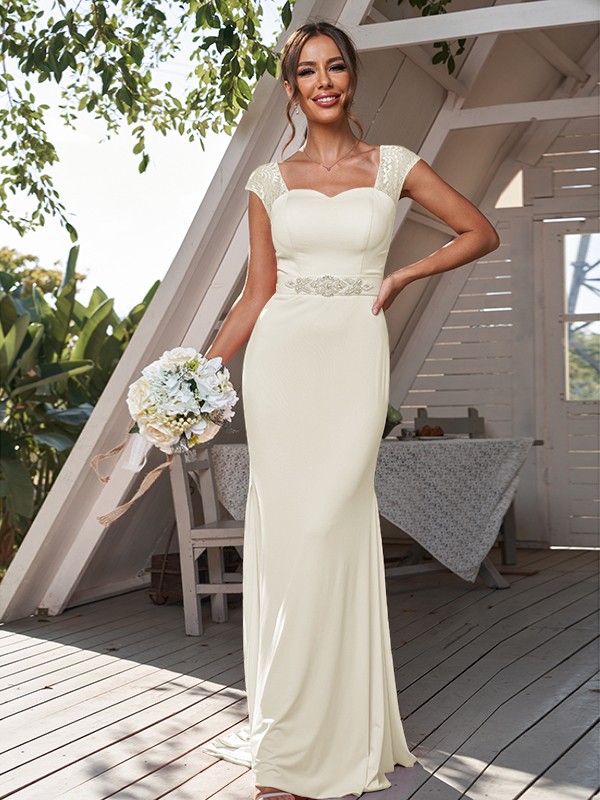 Sheath/Column Jersey Rhinestone Square Sleeveless Sweep/Brush Train Bridesmaid Dresses 2957