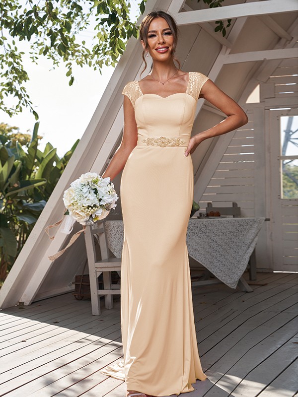 Sheath/Column Jersey Rhinestone Square Sleeveless Sweep/Brush Train Bridesmaid Dresses 2957